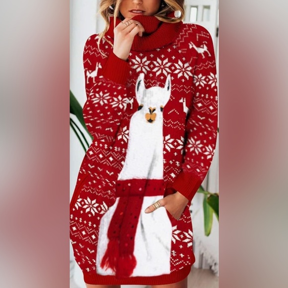 NWT- Medium Red Llama Pattern Women's Sweater Dress - Picture 2 of 8